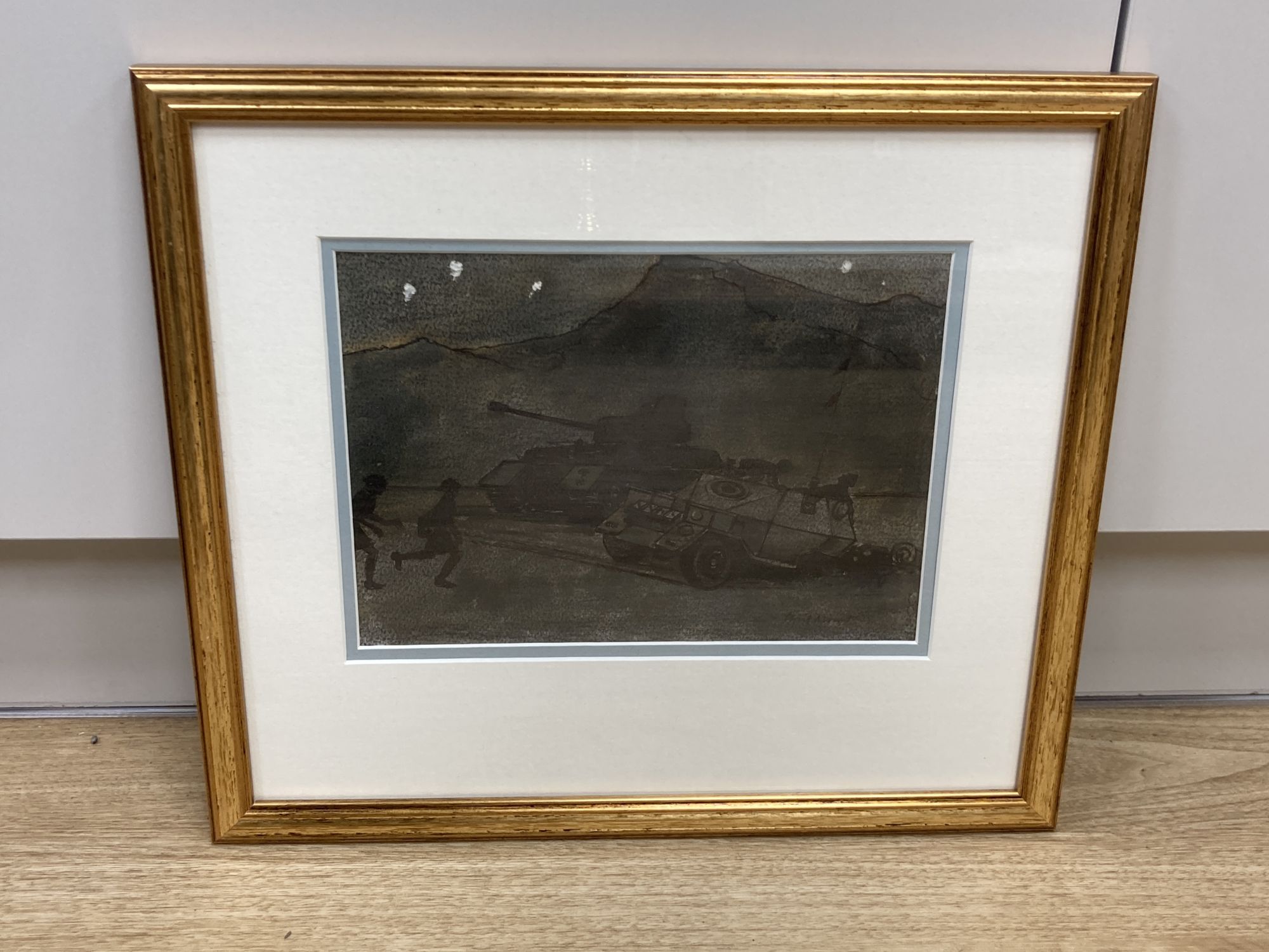 Cyril Mount, ink and wash, Tank and scout car in North Africa 1944, signed, 19 x 26cm